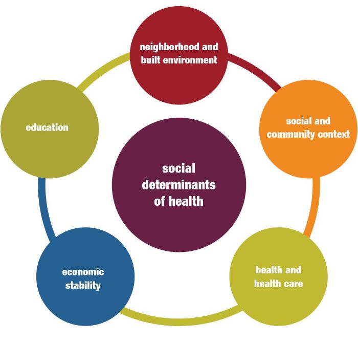 Social determinants of health: neighborhood and built environment, social and community context, health and health care, economic stability, education.