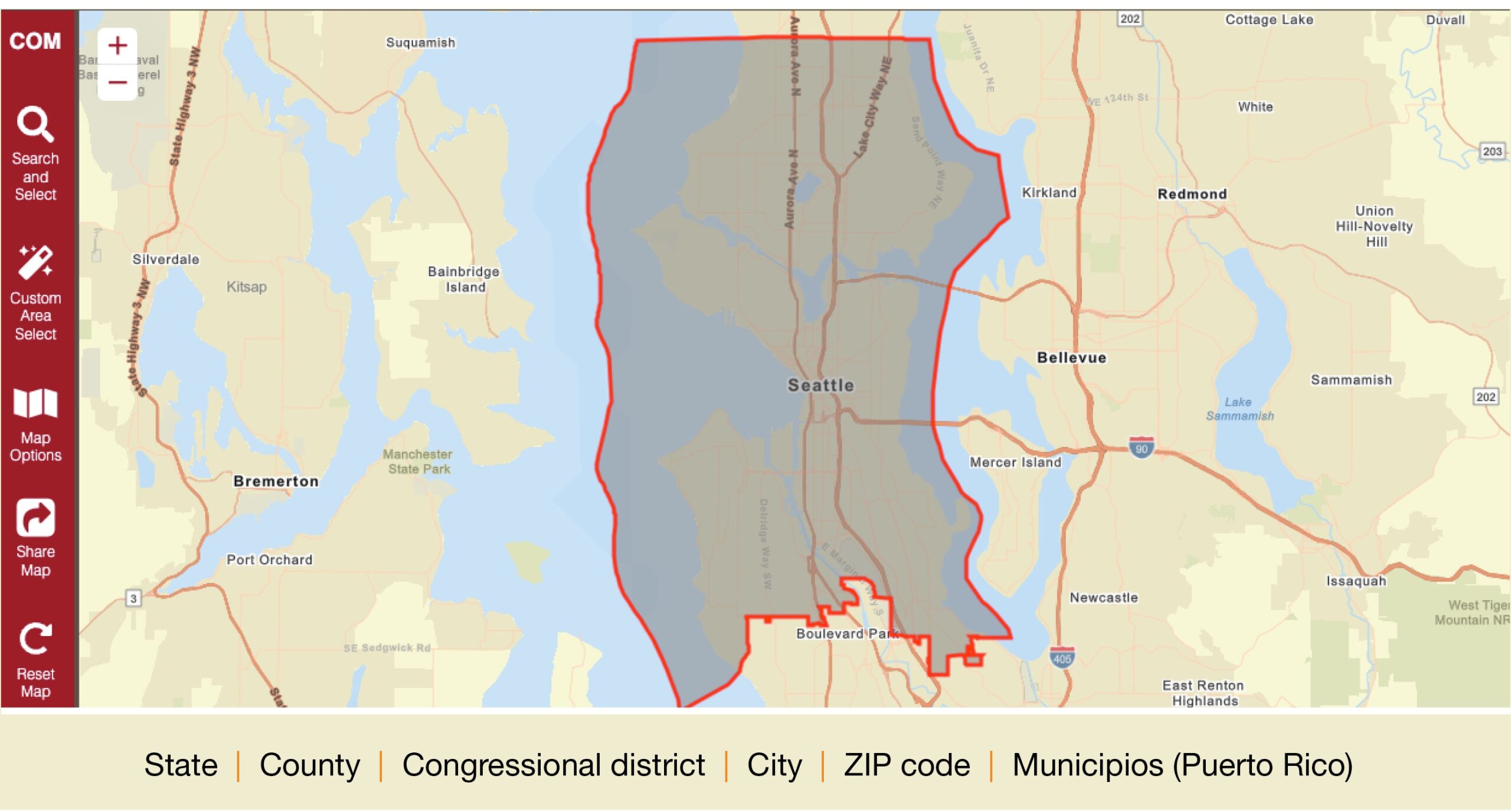 The Community Opportunity Map showing the Seattle area.